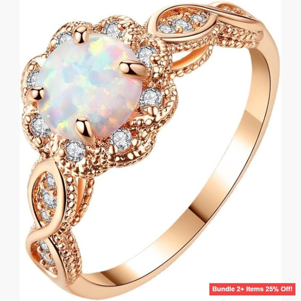 Size 7 Copper Halo Ring with Opal and Cubic Zirconia for Wedding and Everyday